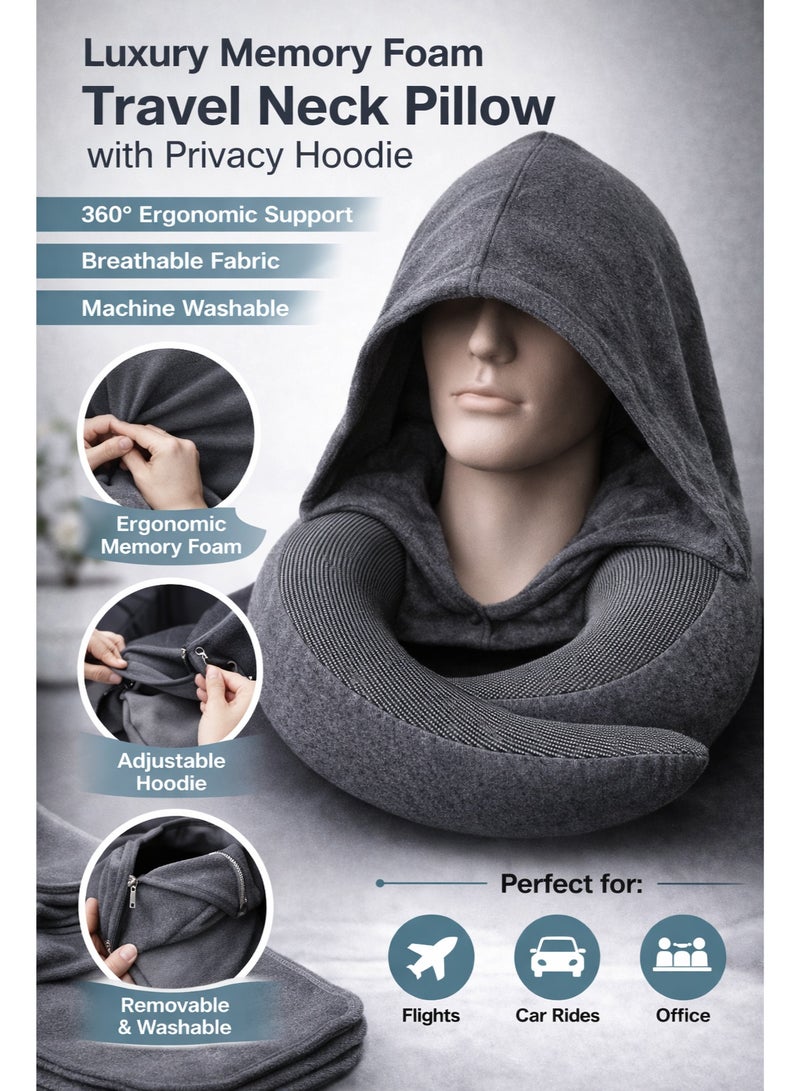 F.A.M.S Luxury Memory Foam Travel Neck Pillow with Privacy Hoodie – 360° Ergonomic Neck Support, Breathable & Machine Washable Cover for Flights, Car & Office - Image 4